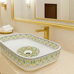 WASH BASIN Ceramic Tebletop Bathroom | Counter Top | Over Counter Installation Bathroom and Living Basin Vessel Sink, Wash Basin Hotel (18x13x5 Inch) (White and DESIGN) (VR CERAMIC-image-59