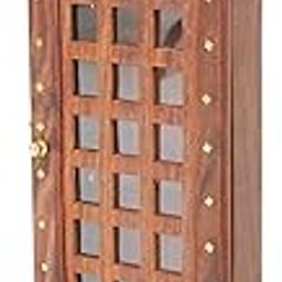 Wooden Key Holder Cabinet with Glass Door, 6 Hooks, Red Interior, Wall Mountable-56
