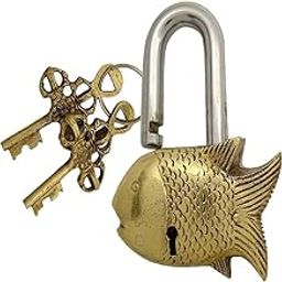 MHE-Handmade Old Vintage Style Antique Small Fish Shape Brass Security Lock with 2 Keys Golden-image-35