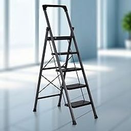 JD FRESH 5-Step Foldable Ladder with Tool Tray for Home/Sturdy Alloy Steel Stepladder with Wide Anti-Skid Steps, Non-Slip Handgrip/Multipurpose Use for Indoor & Outdoor(5.9ft/182cm Height-Grey)-image-72
