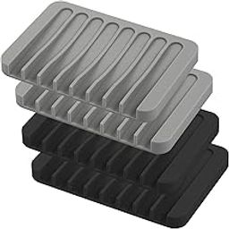 Self Draining Soap Dishes, 4 Pcs Silicone Waterfall Drainer Soap Holder for Bathroom, Extend Soap Life Keep Dry Clean & Easy Cleaning (Black & Grey)-image-5