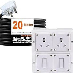 Cordnet Electric Power Strip, 16A 4500W 2 Power Sockets and Switches Extension Board, Surge Protected, 20 Meter Cord for Home, Office Appliances, Cooler, Fridge, Air Conditioner, PC (White) 220 Volts-image-41