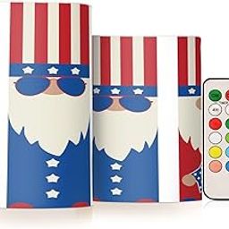 Set of 2 Independence Day Patriotic Gnomes Love Flameless Candles Remote Timers Stars and Stripes July 4th Pillar Candles for Bedroom Bathroom Outdoor Party Garden Ambient Lighting Decoration-image-62