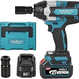 KROST Pro Series 700NM Torque Cordless Impact Wrench 1/2", Brushless Motor 21V(37V MAX) Li-Ion Batteries, Auto Stop Function, LED Light. (Single Battery Combo) Hex-1
