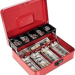Cash Box with Money Tray and Combination Lock Metal Money Box for Cash Tiered Lock Box for Money 11.8" x 9.4" x 3.54" Red-16