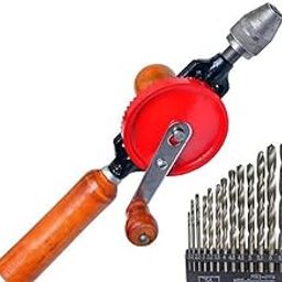 Manual Hand Drill Machine with 13-Piece HSS Drill Bit Set, Wooden Handle, 28.5 cm Length-image-3