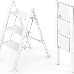 3 Step Ladder | Folding Step Stool for Adults | Lightweight Metal Step Ladder | Portable Ladders for Home, Kitchen, Library, Office | Small Step Stools with Anti-Slip Wide Pedals (White)-picture-0
