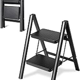 Double Elite Step Ladder 2 Step Folding, Sturdy 330 Lbs Load Folding Step Stool for Adults, Safer Full Steel Frame, Multi-use Closet/Home Kitchen Small Step Ladder with Wide Pedals, Black-image-33
