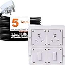 Cordnet Electric Power Strip, 16A 4500W 2 Power Sockets and Switches Extension Board, Surge Protected, 5 Meter Cord for Home, Office Appliances, Cooler, Fridge, Air Conditioner, PC (White) 220 Volts-image-37