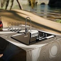 Quartz Kitchen Sink (MIDNIGHT BLACK)- Single Bowl | Quartz Sink for Kitchen 24X18 | with SS 304 Coupling, Rack & Waste Pipe | 10-Years Lorazzo Limited Warranty-image-56