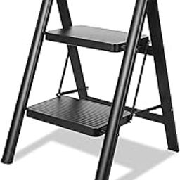 TOOLITIN 2 Step Ladder, Folding Step Stool for Adults with Wide Anti-Slip Pedal, Lightweight, Perfect for Kitchen& Household, Library Office,330lbs Capacity Sturdy Steel Ladder,Black-image-24