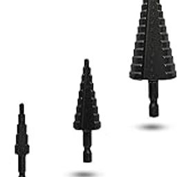 Inditrust Black Hss Step drill bit 3pcs size 4-12mm 4-20mm & 4-32mm Titanium Coated Tool for Aluminium, thin Metal drilling bit-picture-29
