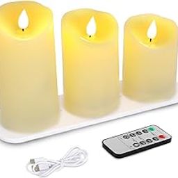 LTETTES plastic Set of 3 Rechargeable Flameless LED Candles|Ivory Wax Candles with Remote Control and Wireless Charging Pad|Home Decor, Festivals, Diwali, Gifting (3" Diameter x 4",5",6" Height)-10