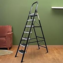 BonKaso Premium Alloy Steel Heavy Duty Multipurpose Foldable 7 Step Ladder with Connecting Frame & Belt Support for Home and Outdoor - (Matte Black & White)-image-46