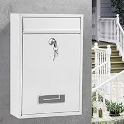 ATORSE Wall Mounted Mailbox Lockable with 2 Keys Metal Postbox for Door Office Home White-4