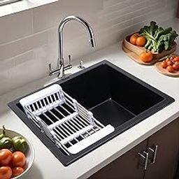 Ruhe® Matte Black Quartz Single Bowl Kitchen Sink - 24x18x9 inches | Noise-Reducing, Durable & Scratch-Resistant Kitchen Sink | Granite Sink with Sink Coupling, Waste Pipe & Vegetable Washing Basket-image-37