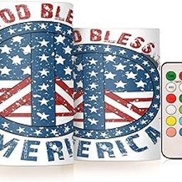 OURVII Set of 2 Vintage God Bless America Flameless Candles Remote Timers Peace and Love Pillar Candles for Bedroom Bathroom Outdoor Party Garden Ambient Lighting Decoration-image-58