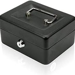 Delzon Small Cash Box With Handel, Coin Trey And Key Strong Lock Systen 6" Petty Cash Tin Steel Money Safe Box- 6 Inch (Black)-picture-13