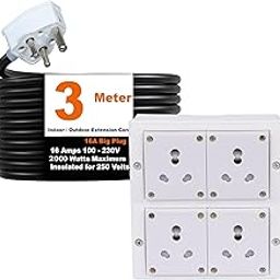 Cordnet Electric Power Strip, 16A 2000W 4 Power Socket Extension Board, Surge Protected, 3 Meter Cord for Home, Office Appliances, Cooler, Fridge, Air Conditioner, PC (White) 220 Volts-image-92