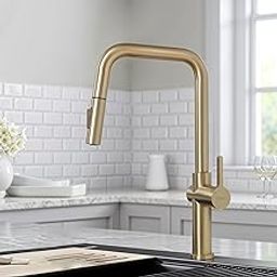 Ruhe® Opulo Dual Flow Pull-Out Kitchen Mixer Faucet - Brushed Gold | 360° Swivel | Hot & Cold Water Faucet | Single Lever Tap | Table Mounted Kitchen Sink Tap-image-35