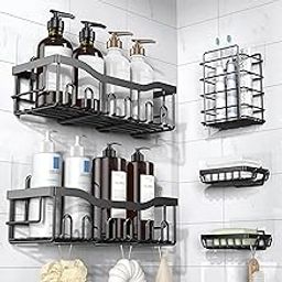 Homeor 5 in 1 Rustproof Stainless Steel Self Adhesive Bathroom Shelf for Wall, Soap Dish with Toothbrush Holder, Racks and Shelves for Wall, Bathroom Organizer Without Drill, Black-image-90