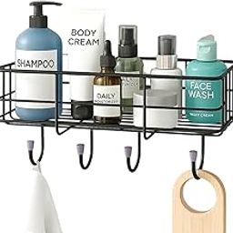 LYSIREN Stainless Steel Bathroom Shelf for Wall – Self Adhesive Bathroom Organizer with 4 Hooks, Space-Saving Wall Mounted Shelf for Bathroom Essentials, No-Drill Bathroom Shelf (Pack of 1, Black)-image-30