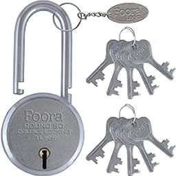 Foora Round 50mm Lock and Keys | Long Shackle | Home Metal Body | Double Locking | 7 Steel Lever | 10 Silver Keys with Keychain | Silver Finsih | Made in India | Export in USA | Canada-11