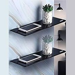 Evolite Premium Tempered Glass Shelf for Bathroom/Wall Shelf Corner/Kitchen Mount Storage Accessories with Fitted F Bracket- 6mm Black Polished Toughened Glass 5 x 15 inch (Pack of 2)-18