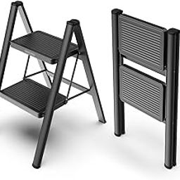 WOA WOA 2 Step Ladder, Step Stool Foldable with Wide Pedals, Portable Stepping Stool for Adults, Sturdy Steel Ladders for Home with Anti-Slip Feet, Hold 330 lbs - Black-image-77