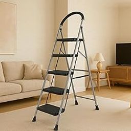 ADA Premium 5 Step Ladder - Home Use Heavy Duty Step Stool Foldable Iron Metal - Wide Anti Skid Steps - 2 Year Manufacturer Warranty - Grey-image-23
