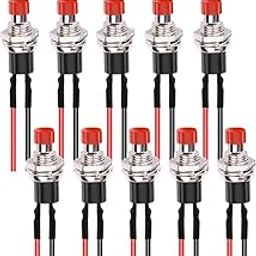(Pack of - 10 Pieces) Push ON/OFF Switch, 1A 250V AC 2 Pins SPST Red Normal Open Mini Momentary Push Button Switch with Pre-soldered Wires-20