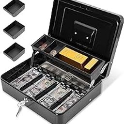Money Box with Combination Lock, Metal Cash Box with Money Tray, Cash Register,5 Compartments Cantilever Tray & 4 Spring-Loaded Clips for Bills,11.81"x 9.45"x 3.54" Black-image-81
