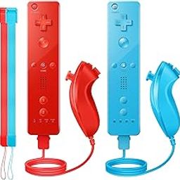 PGYFDAL Wii Controller 2 Pack, Wii Remote Controller and Nunchuck Joystick with Silicone Case and Wrist Strap for Holiday (Red and Blue)-1