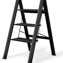 Sevia 3 Step Ladder,Lightweight Folding Step Stool with Anti-Slip Pedal 200kg Portable Sturdy Steel Ladder for Adults,Multi Purpose Folding Ladder for Home Kitchen Office,Space Saving, Black(1Pcs)-11