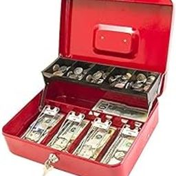 Cash Box with Key Lock, Metal Cash Box with Money Tray, Cash Register,5 Compartments Cantilever Tray & 4 Spring-Loaded Clips for Bills,11.81"x 9.45"x 3.54" (Red - Key Lock)-image-1