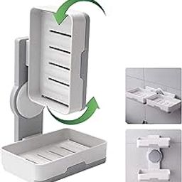 T TOPLINE Wall-Mounted Double-Layer Soap Dish with Drain Tray & Adhesive Sponge Holder, No-Drill Soap Holder for Shower, Bathroom, and Kitchen (Color-White & Grey)-image-93