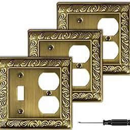 Antique Brass Decorative Wall Plate Light Switch Cover Decorator Outlet Covers Rocker Switch Plates Metal Material Wall Plates for Kitchen Bathroom (2 Gang Toggle/Duplex-3 Pack)-image-41