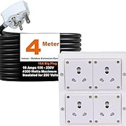 Cordnet Electric Power Strip, 16A 4500W 4 Power Socket Extension Board, Surge Protected, 4 Meter Cord for Home, Office Appliances, Cooler, Fridge, Air Conditioner, PC (White) 220 Volts-image-67