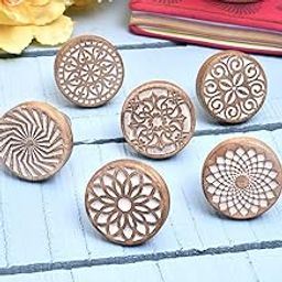 IndianShelf 6 Pieces Wooden Cabinet Knobs, Boho Drawer Pulls, Round Floral Knobs for Dresser, Polished Brown-18