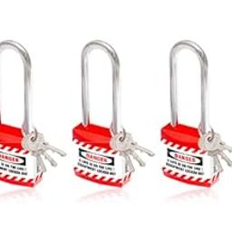 Loto Product India Lockout Tagout Long Shackle Jacket Padlock with 3 Keys - Set of 3 RED-17