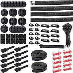 HASTHIP® 173 Pcs Cable Management Organizer Kit with 4 Split Cable Sleeve, 47 Self Adhesive Cable Clips Holder, 10 Cable Ties, 10 Adhesive Wall Cable Tie, 100 Fasten Cable Ties, 2 x Roll Cable Ties-1
