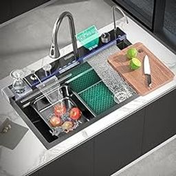 DOLANTO 30" x 18" x 9" Fully Equipped Piano Kitchen Sink with Integrated Waterfall and Pull-down Faucets (Dual Flow) 304 Grade Stainless Steel Nano Black Sink with LED Pannel & Digital Display-7