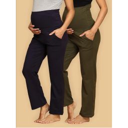 The Mom Store Comfy Maternity Trackpants Combo of 2 - Olive and Navy Blue-picture-7