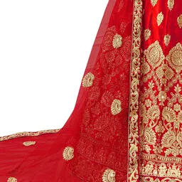 MANVAA Red Embroidered Thread Work Semi-Stitched Lehenga & Unstitched Blouse With Dupatta image 3