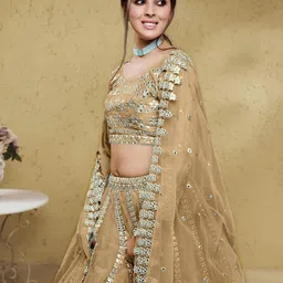 FABPIXEL Embroidered Sequinned Net Semi Stitched Lehenga & Unstitched Blouse With Dupatta image 4