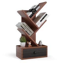 ithree Solid Sheesham Wood Book Shelf | Wooden Tree Shape Bookshelf | Free Standing Bookcase with Open 3 Shelf & One Drawer Storage | Tall Display Unit Book Stand |Rosewood, Honey Brown Finish image 3