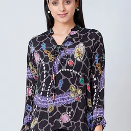 First Resort by Ramola Bachchan Black Print Tie-Up Neck Crepe Top-image-34