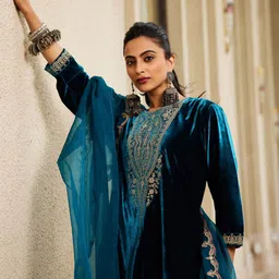 Indo Era Women Ethnic Motifs Embroidered Regular Sequinned Velvet Kurta with Trousers & With Dupatta-image-82