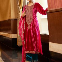 Indo Era Women Ethnic Motifs Embroidered Regular Sequinned Velvet Kurta with Trousers & With Dupatta-44
