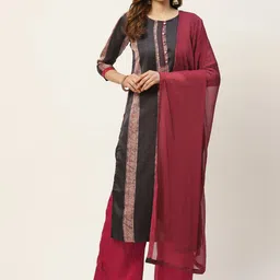 VAABA Women Charcoal Grey & Maroon Ethnic Motifs Printed Kurta with Palazzos & Dupatta-picture-4